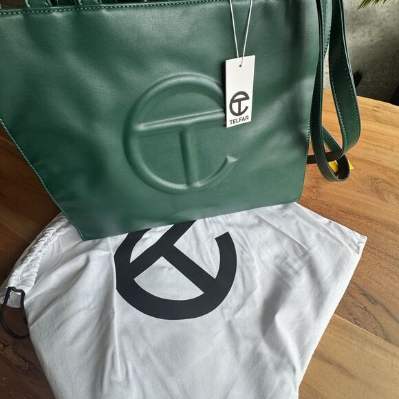 Telfar Medium Shopping Bag Double Handled Tote Dark Olive Vegan Faux Leather NEW - Picture 2 of 10